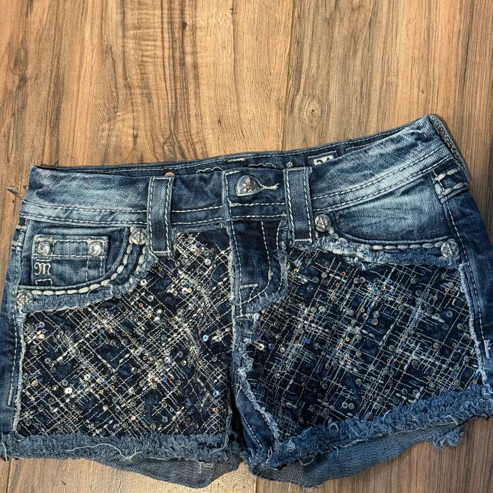 Miss Me Blue Jean Shorts with Sequin Detail